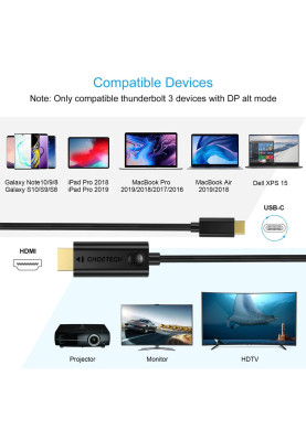 Кабель USB 3.1 Type-C M - HDMI M, 3.0m Thunderbolt 3 4K чорний Choetech