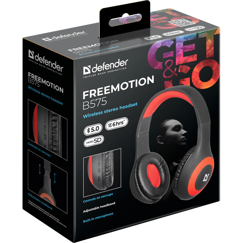 Навушники з мікрофоном Defender FreeMotion B575 Bluetooth, чорно-червоні