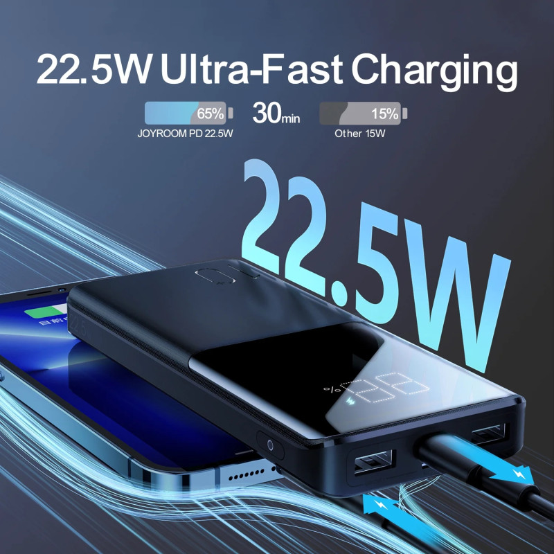 УМБ Joyroom 10000mAh 22,5W PD,QC3.0, 2xUSB-A, USB-C In/Out, Micro USB in,  Black