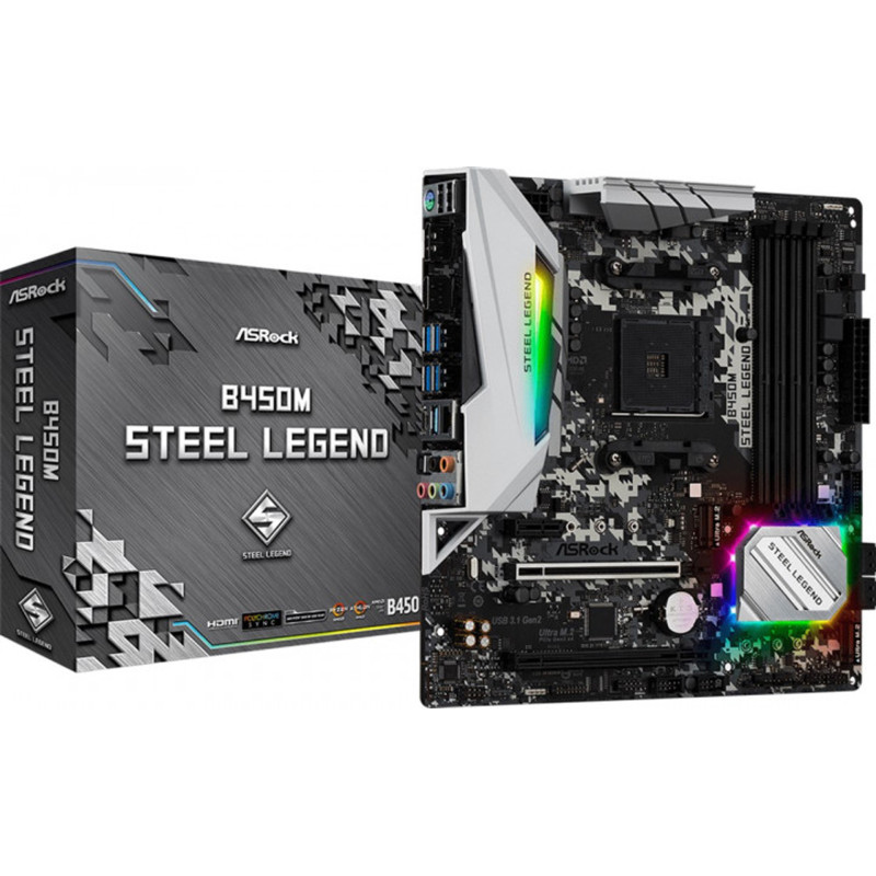 ASRock B450M STEEL LEGEND/REF (AM4/B450, 4*DDR4, 2xPCIex16, DP, HDMI, 4xSATAІІІ, 2xM.2, GLan, 8ch,