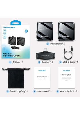 Бездротовий подвійний петличний мікрофон Vention USB-C 2-Pack Wireless Lavalier Black