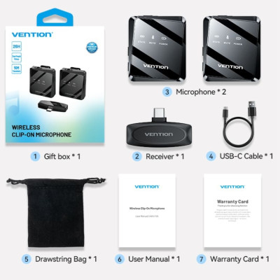 Бездротовий подвійний петличний мікрофон Vention USB-C 2-Pack Wireless Lavalier Black Бездротовий подвійний петличний мікрофон Vention USB-C 2-Pack Wireless Lavalier Black