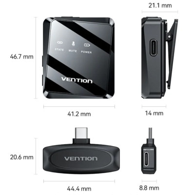 Бездротовий подвійний петличний мікрофон Vention USB-C 2-Pack Wireless Lavalier Black Бездротовий подвійний петличний мікрофон Vention USB-C 2-Pack Wireless Lavalier Black