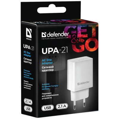 Зарядний пристрій 1xUSB 2.1A UPA-21 білий Defender