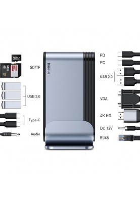 Док-станція USB3.2 Type-C-->1xHDMI/VGA/4xUSB-C/5xUSB/RJ45/SD/TRRS 3.5mm/PD 100W + БЖ 16 in 1 Baseus