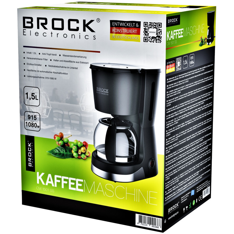 Кавоварка BROCK CM 1501 SS крапельна/ 1.5л/ 915-1080 Вт/ мелена/ чорнa