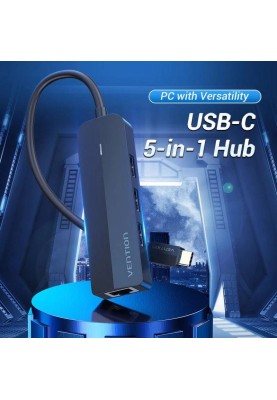 Хаб USB 3.1 Type-C -> 3xUSB 2.0+MicroUSB+RJ45 100M Ethernet чорний Vention