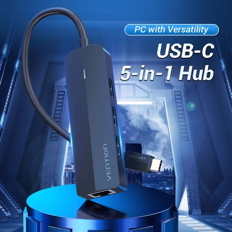 Хаб USB 3.1 Type-C -> 3xUSB 2.0+MicroUSB+RJ45 100M Ethernet чорний Vention