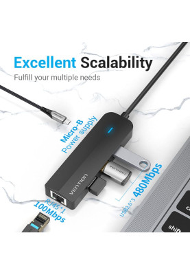 Хаб USB 3.1 Type-C -> 3xUSB 2.0+MicroUSB+RJ45 100M Ethernet Black Vention
