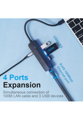 Хаб USB 3.1 Type-C -> 3xUSB 2.0+MicroUSB+RJ45 100M Ethernet Black Vention