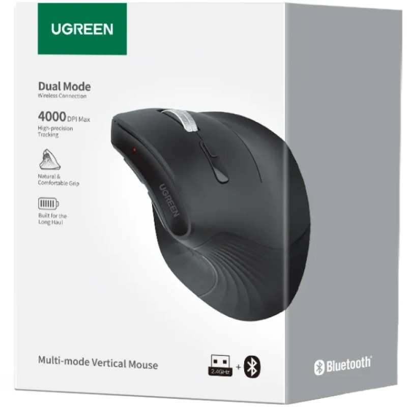 Мишка UGREEN 2.4GHz MU008, бездротова, вертикальна 4000dpi., 4кн., Чорна
