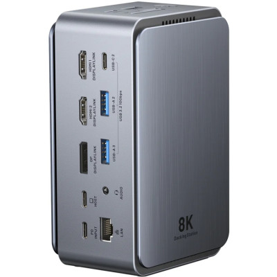 Док-станція USB3.2 Type-C --> HDMIx2, 8K30Hz/DP/USB-C3.2/2xUSB-A3.2/USB-A2.0/SD/TF/RJ45/3.5mm TRRS/P