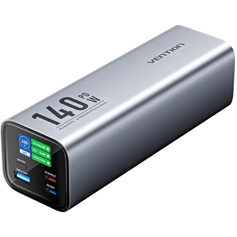 УМБ Vention 27000mAh 140W 5A PD,QC3.0, 2xUSB-C, USB-A, LED Display, Gray