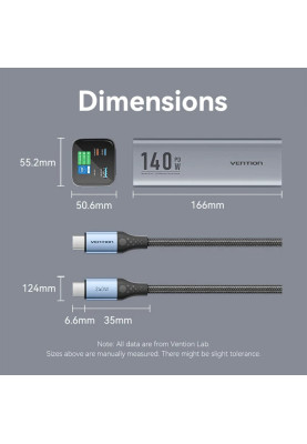 УМБ Vention 27000mAh 140W 5A PD,QC3.0, 2xUSB-C, USB-A, LED Display, Gray