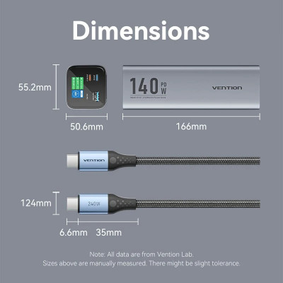 УМБ Vention 27000mAh 140W 5A PD,QC3.0, 2xUSB-C, USB-A, LED Display, Gray