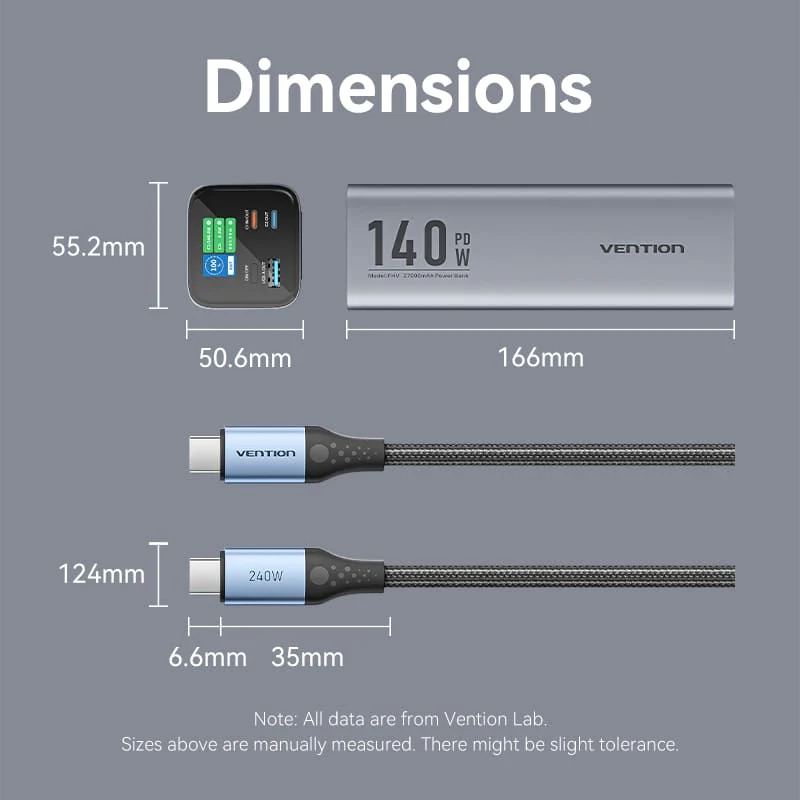УМБ Vention 27000mAh 140W 5A PD,QC3.0, 2xUSB-C, USB-A, LED Display, Gray