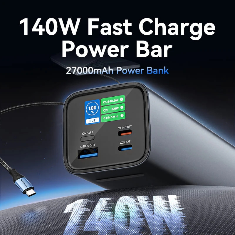 УМБ Vention 27000mAh 140W 5A PD,QC3.0, 2xUSB-C, USB-A, LED Display, Gray