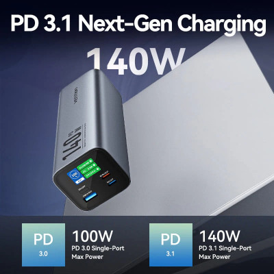 УМБ Vention 27000mAh 140W 5A PD,QC3.0, 2xUSB-C, USB-A, LED Display, Gray