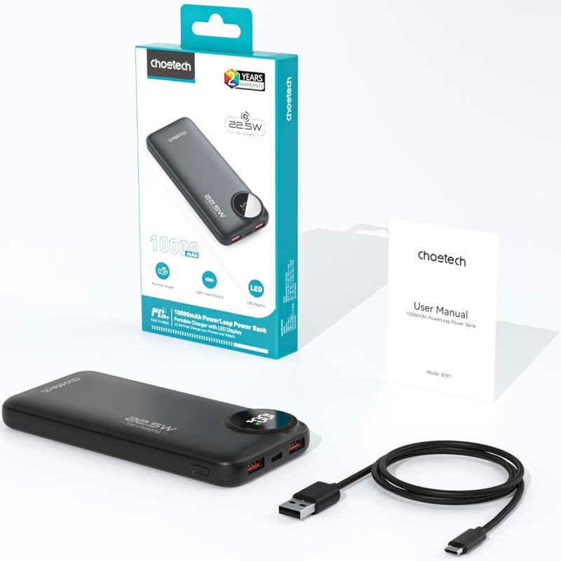 УМБ Choetech 10000mAh 22,5W PD  2xUSB-A, USB-C чорна