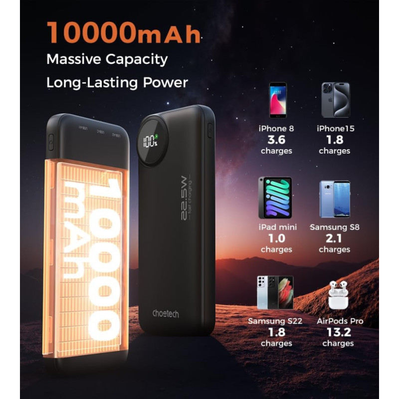 УМБ Choetech 10000mAh 22,5W PD  2xUSB-A, USB-C чорна