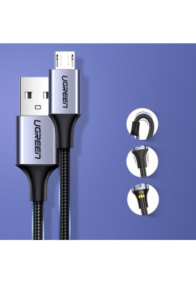 Кабель USB 2.0 AM-MicroUSB M, 2 м, 3.0A, (18W) Nickel Plating Чорний, US290 UGREEN