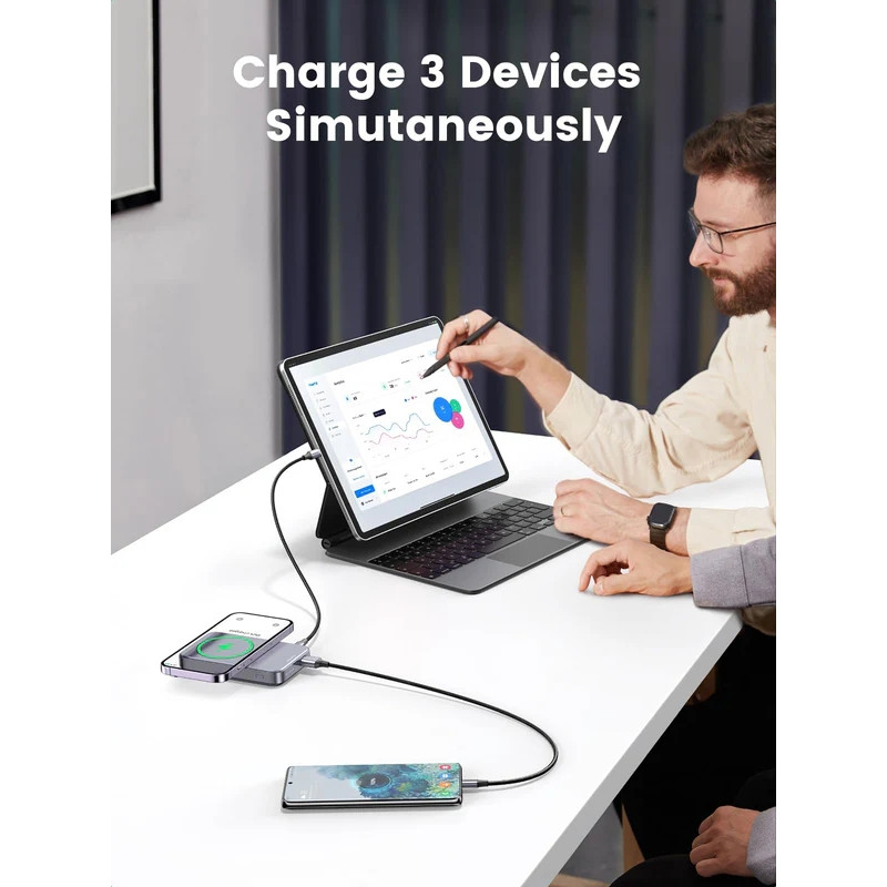 УМБ Ugreen Magnetic Wireless 10000 mAh 20W PD3.0/QC3.0 USB-A, USB-C In/Out (PB206) сірий