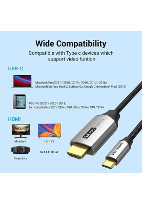 Кабель USB 3.1 Type-C M - HDMI M, 1.5m 4K 60 Гц Thunderbolt 3 HDCP2.2 PVC Black Vention