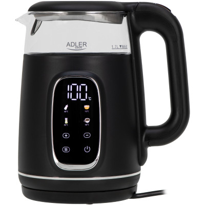 Електрочайник Adler AD 1305 black silver 1850-2200Вт/ 1.7л/ скло/ встановлення температури/