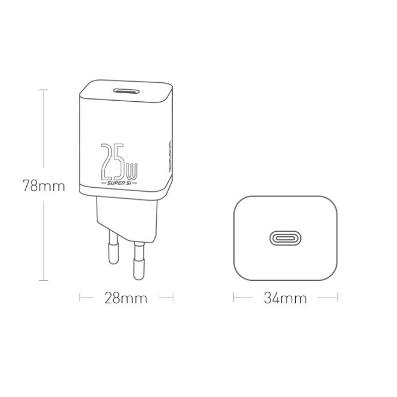 Зарядний пристрій 1xUSB 25W (USB-C) Чорний Baseus