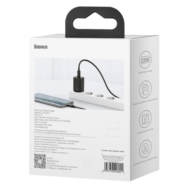 Зарядний пристрій 1xUSB 25W (USB-C) Чорний Baseus