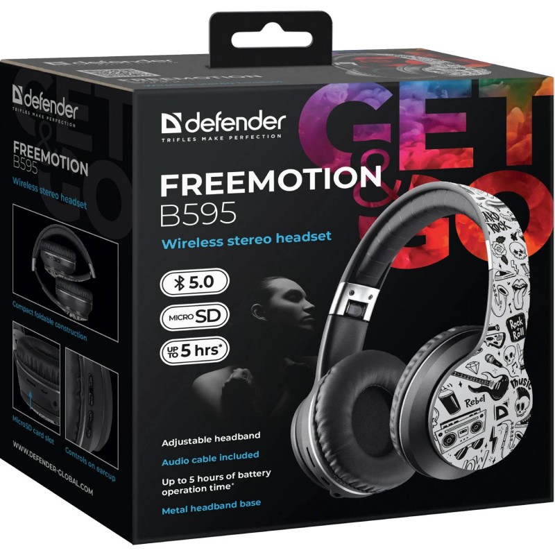 Навушники з мікрофоном Defender FreeMotion B595 Bluetooth, чорно-білий принт