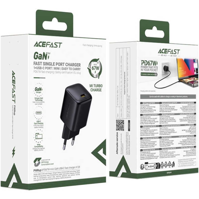 Зарядний пристрій 1xUSB-C 67W Gan A134 Fast Charger Black Acefast