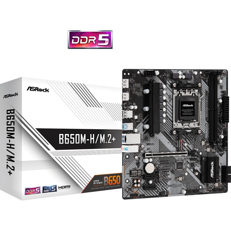 ASRock B650M-H/M.2+ (AM5/B650, 2*DDR5, PCIex16, DP/HDMI, 4xSATAІІІ, 2xM.2, GLan, 7.1ch, mATX)