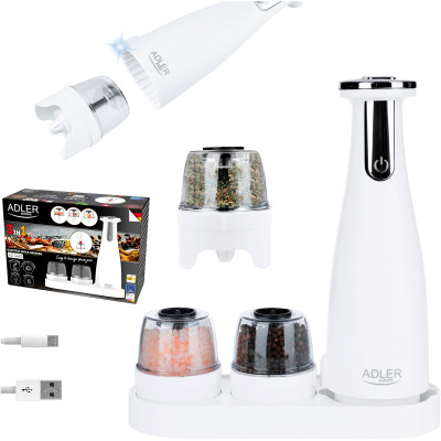 Млинок для спецій Adler AD 4449 white електричний/150мл/керамічні жорна/USB-C/3 змінні млинки/білий Млинок для спецій Adler AD 4449 white електричний/150мл/керамічні жорна/USB-C/3 змінні млинки/білий