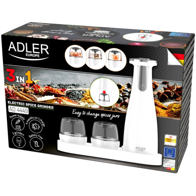 Млинок для спецій Adler AD 4449 white електричний/150мл/керамічні жорна/USB-C/3 змінні млинки/білий Млинок для спецій Adler AD 4449 white електричний/150мл/керамічні жорна/USB-C/3 змінні млинки/білий
