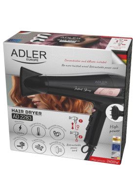 Фен Adler AD 2283 black 2400Вт/ 2 швидкості/ хол.обдув/ темп.режимів-3/ ахист від перегріву