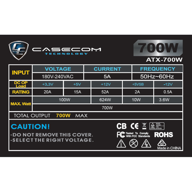 БЖ 700W Casecom, 120mm, 4хSATA, Bulk