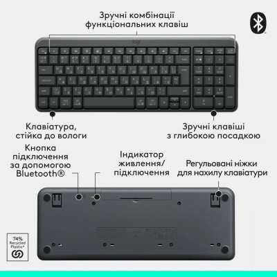 Клавіатура бездротова LOGITECH K250 UKR, 2.4GHZ/BT, Graphite Клавіатура бездротова LOGITECH K250 UKR, 2.4GHZ/BT, Graphite