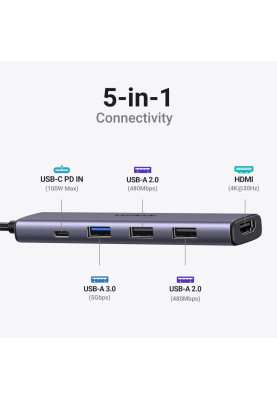 Док-станція USB3.0 Type-C --> HDMI/2xUSB 2.0/USB 3.0/ Type-C for charging,PD,100W Ugreen CM478 Сіра
