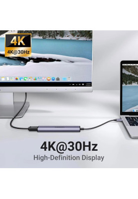 Док-станція USB3.0 Type-C --> HDMI/2xUSB 2.0/USB 3.0/ Type-C for charging,PD,100W Ugreen CM478 Сіра