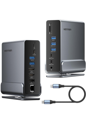 Док-станція USB3.2 Type-C --> DP/HDMIx2/USB3.2/RJ45/SD/TF/3.5mm/PD, MST/SST 15 in 1 Vention