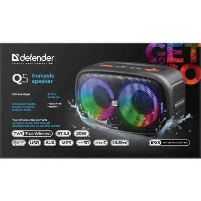 Акустична система 1.0 Defender Q5 20 Вт Bluetooth/FM/USB/TF/IPX5, LED, чорна