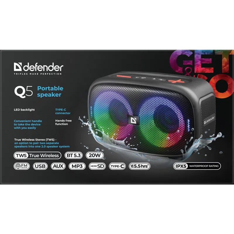 Акустична система 1.0 Defender Q5 20 Вт Bluetooth/FM/USB/TF/IPX5, LED, чорна