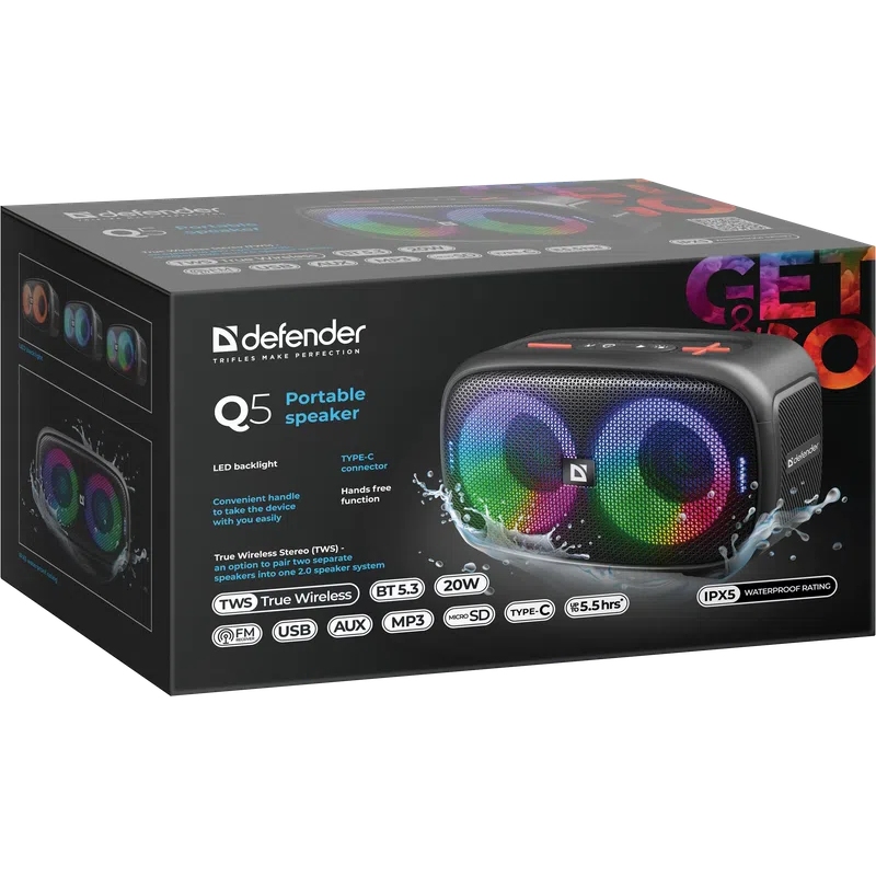 Акустична система 1.0 Defender Q5 20 Вт Bluetooth/FM/USB/TF/IPX5, LED, чорна