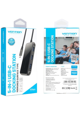 Хаб USB 3.1 Type-C -> 4хUSB 3.0/PD 87W 5-in-1 Gray Mirrored Surface Vention