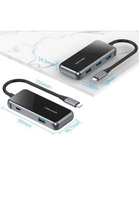 Хаб USB 3.1 Type-C -> 4хUSB 3.0/PD 87W 5-in-1 Gray Mirrored Surface Vention
