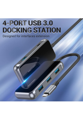 Хаб USB 3.1 Type-C -> 4хUSB 3.0/PD 87W 5-in-1 Gray Mirrored Surface Vention