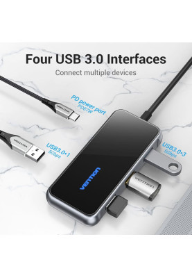Хаб USB 3.1 Type-C -> 4хUSB 3.0/PD 87W 5-in-1 Gray Mirrored Surface Vention