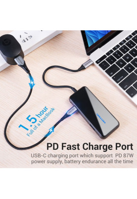 Хаб USB 3.1 Type-C -> 4хUSB 3.0/PD 87W 5-in-1 Gray Mirrored Surface Vention