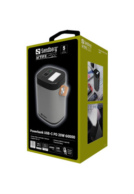 УМБ Sandberg 60000mAh 20W, 3A PD,QC3.0/VOOC, UPS mode, 2хUSB, Type-C OUT, ліхтарик 3W
